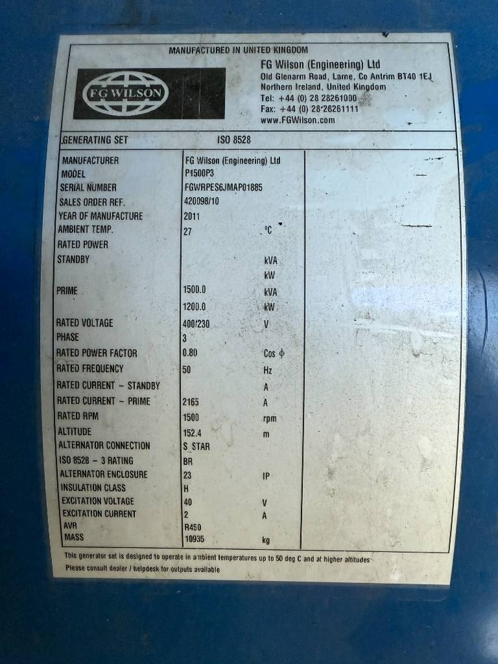 FG Wilson P1500P3 - 1.650 kVA Generator - DPX-12628 - Электрогенератор: фото 5 FG Wilson P1500P3 - 1.650 kVA Generator - DPX-12628 - Электрогенератор: фото 5