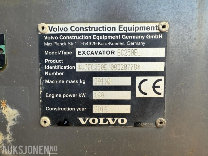 Экскаватор 2016 Volvo EC250EL BELTEGRAVER R8 ROTOTILT TOPCON MASKINSTYRING SERVICEHISTORIKK: фото 19