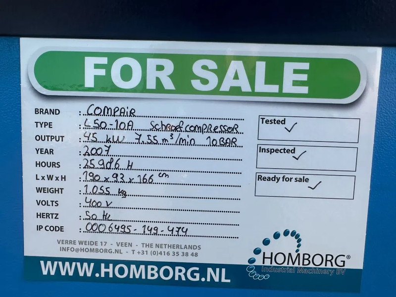 Воздушный компрессор Compair L50 - 10A 45 kW 7.55 m3 / min 10 Bar Elektrische Schroefcompressor: фото 13 Воздушный компрессор Compair L50 - 10A 45 kW 7.55 m3 / min 10 Bar Elektrische Schroefcompressor: фото 13